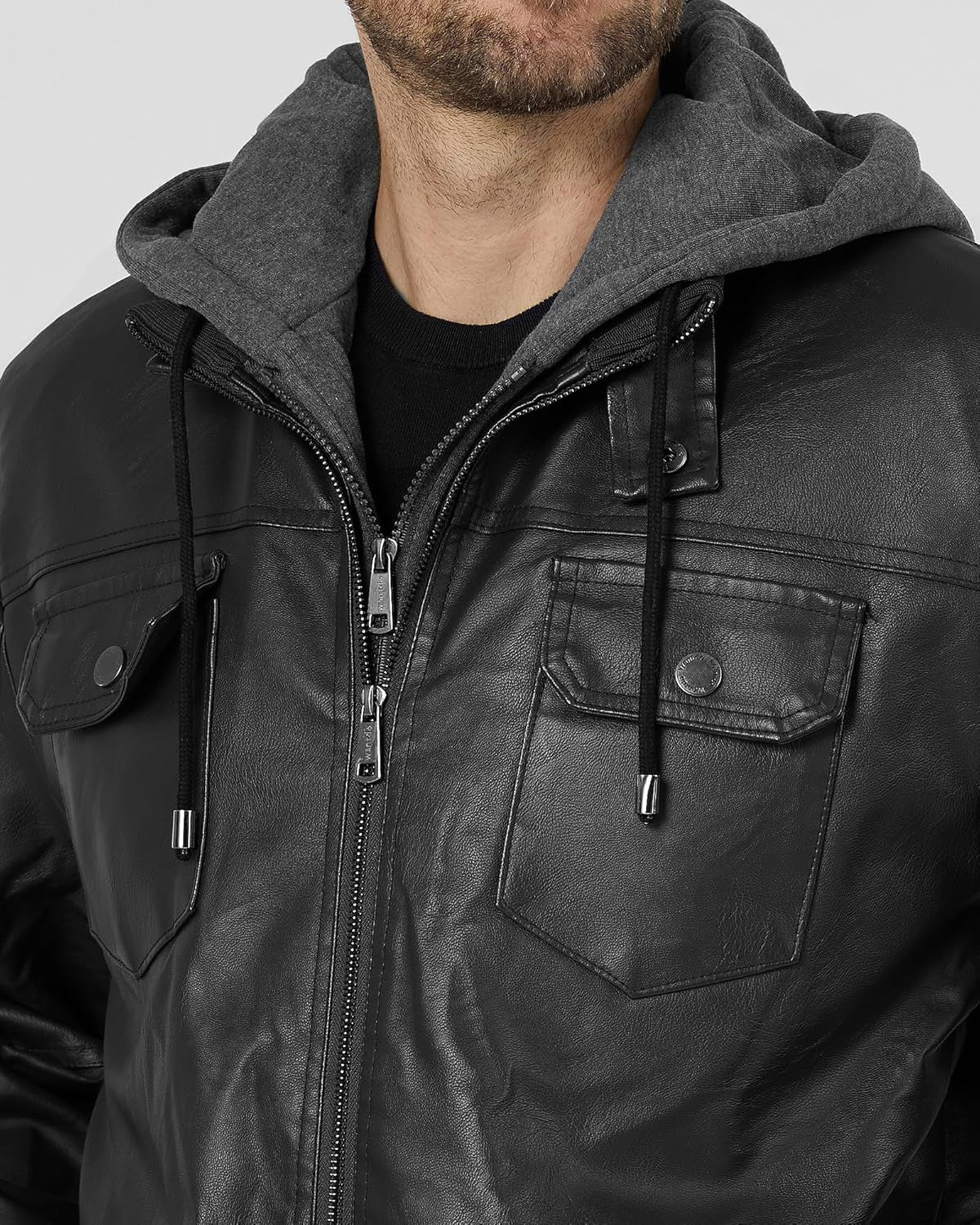 Men'S Faux Leather Jacket Windproof Motorcycle Bomber Jacket Slim Fit Winter Coat with Removable Hood