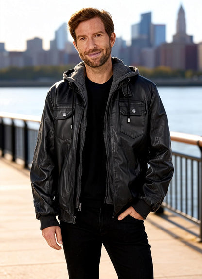 Men'S Faux Leather Jacket Windproof Motorcycle Bomber Jacket Slim Fit Winter Coat with Removable Hood