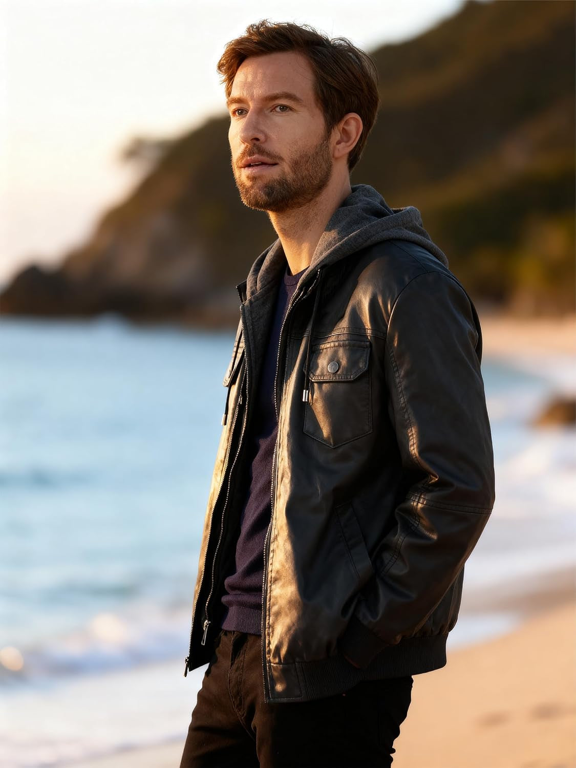 Men'S Faux Leather Jacket Windproof Motorcycle Bomber Jacket Slim Fit Winter Coat with Removable Hood