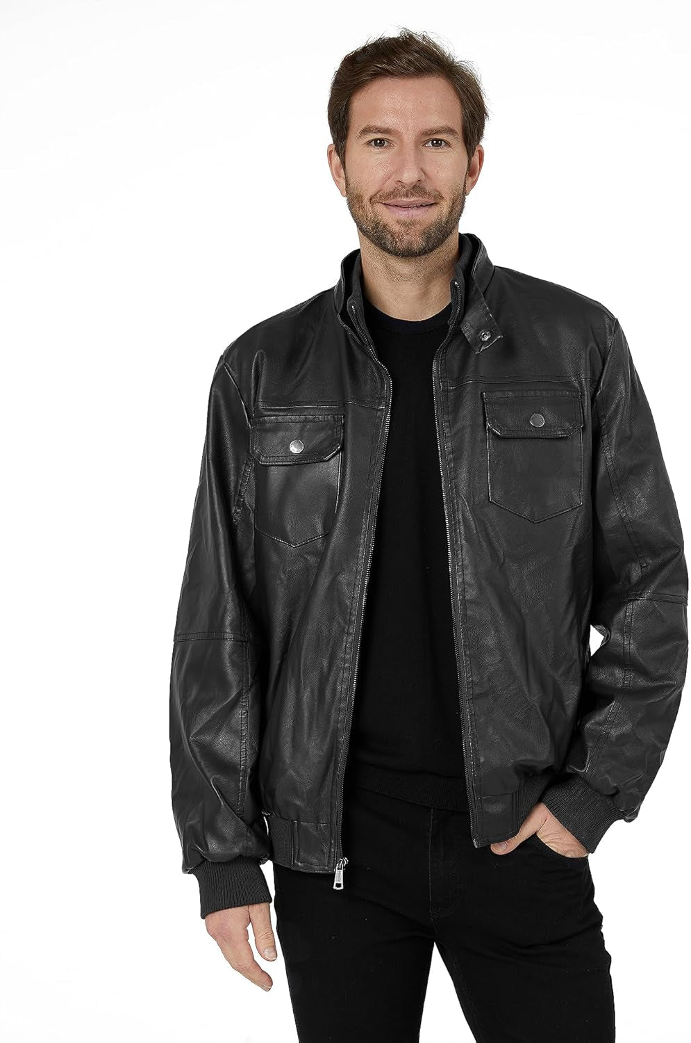 Men'S Faux Leather Jacket Windproof Motorcycle Bomber Jacket Slim Fit Winter Coat with Removable Hood