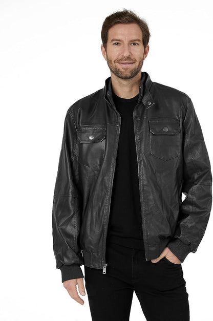 Men'S Faux Leather Jacket Windproof Motorcycle Bomber Jacket Slim Fit Winter Coat with Removable Hood