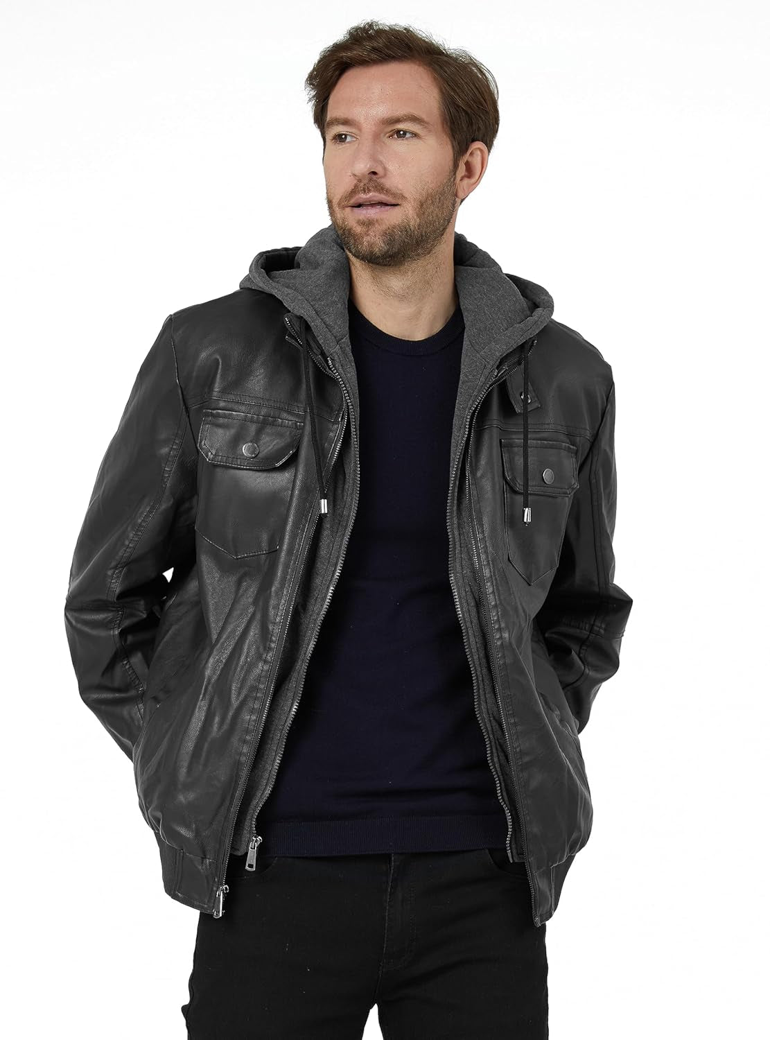 Men'S Faux Leather Jacket Windproof Motorcycle Bomber Jacket Slim Fit Winter Coat with Removable Hood